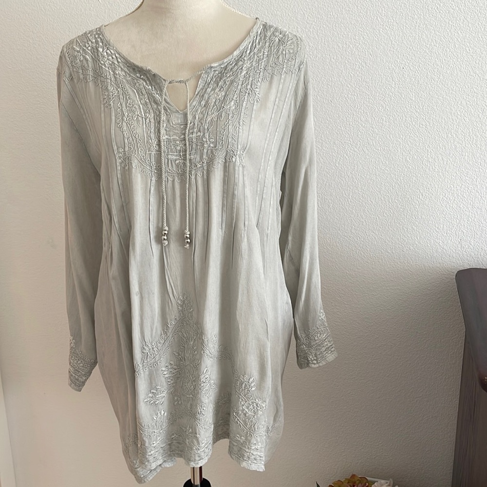 Bohemian beautiful fabric and details sage green blouse